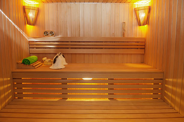 istock Sauna room with traditional sauna accessories 637784308