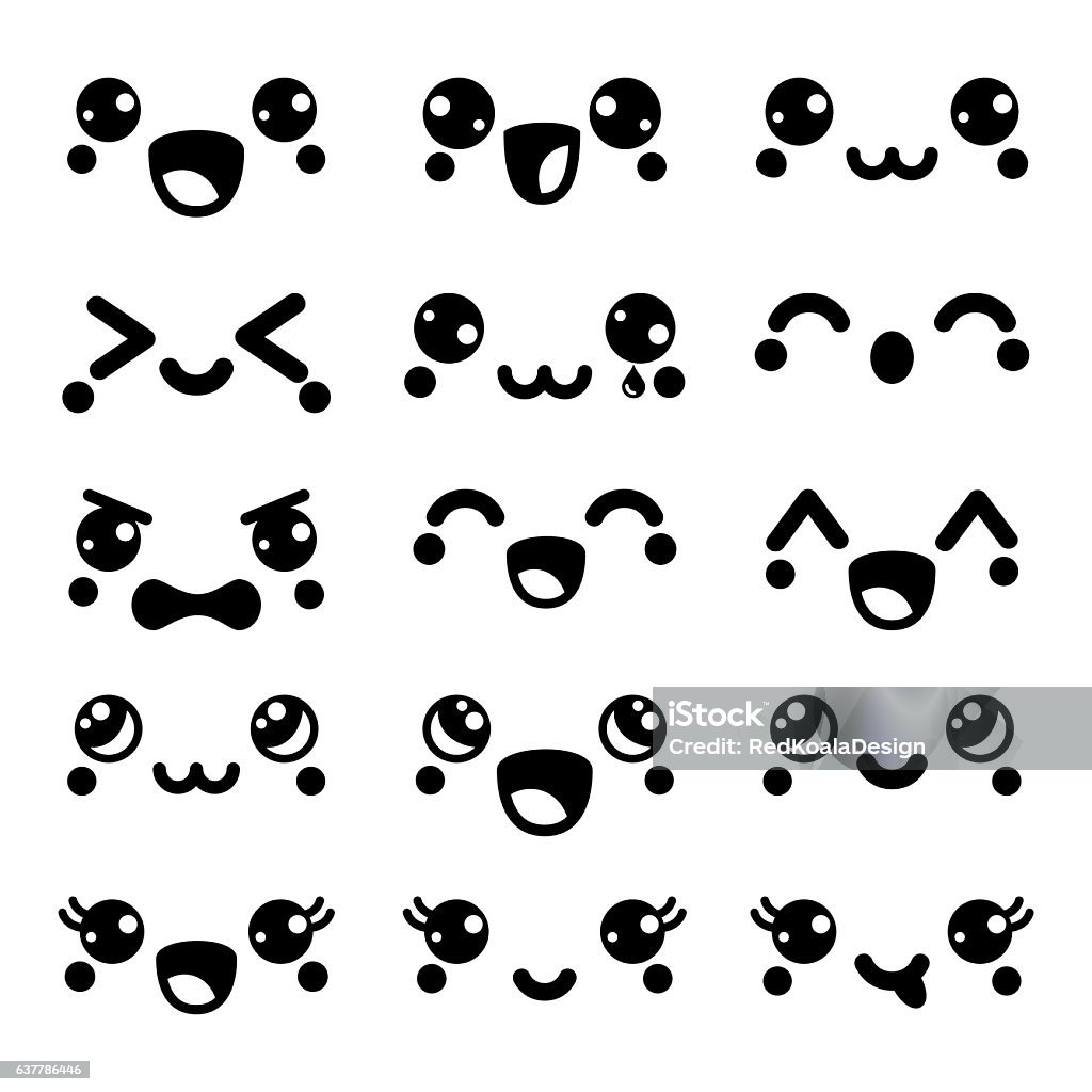 Kawaii cute faces, happy Kawaii emoticons, adorable characters design Kawaii emotion, Kawaii characters -  big eyes, lips icons isolated on white  Emoticon stock vector