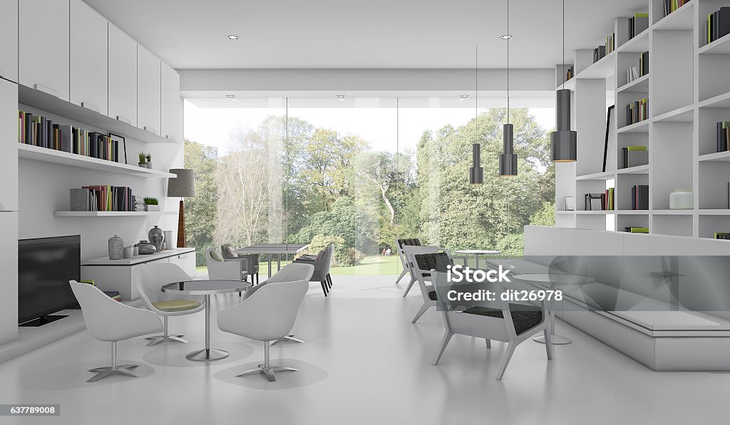 3d rendering white modern library with garden view 3d rendering by 3ds max 2016 Office Stock Photo