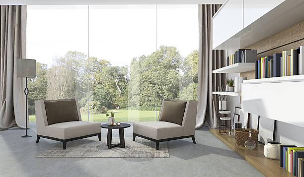 3d rendering soft armchair in living room near garden - on the inside looking out imagens e fotografias de stock