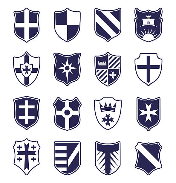 ilustraciones, imágenes clip art, dibujos animados e iconos de stock de conjunto de escudos heráldicos sobre fondo blanco - shield crown blue badge