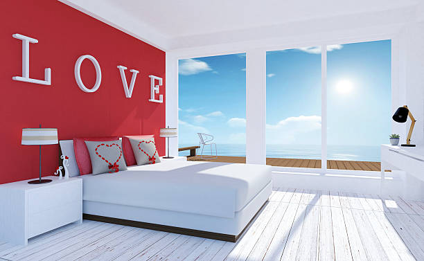 istock Modern and minimal bedroom interior with sea terrace for Valentines 637790626