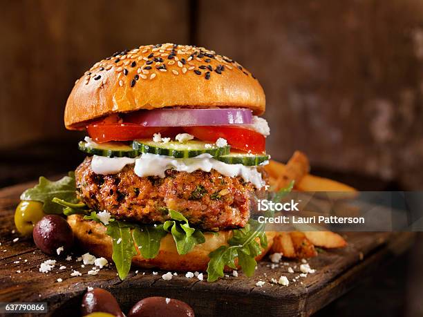 100 Lamb Greek Burger Stock Photo - Download Image Now - Burger, Gourmet, Hamburger