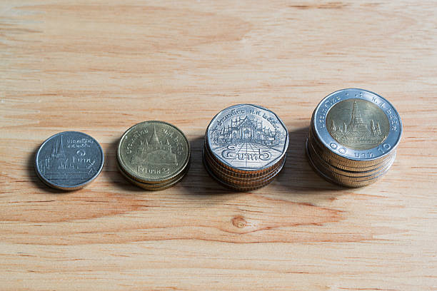 istock Thai coins with wooden background 637793780