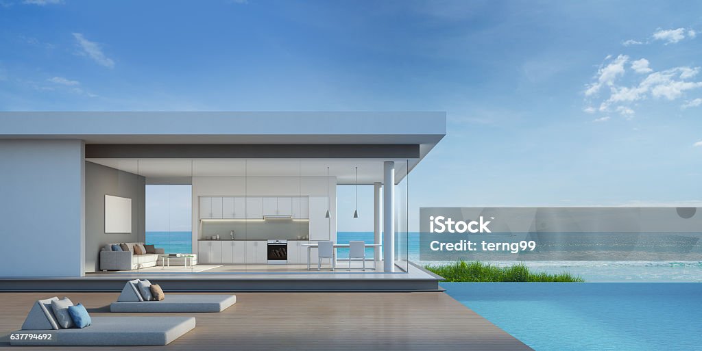 Luxury beach house with sea view pool in modern design 3d rendering of building and swimming pool Luxury Stock Photo