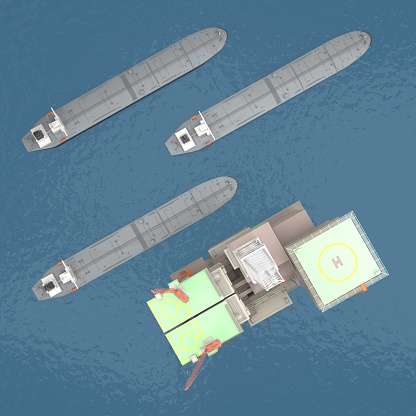 Oil platform with tankers on the sea. top view. 3d rendering