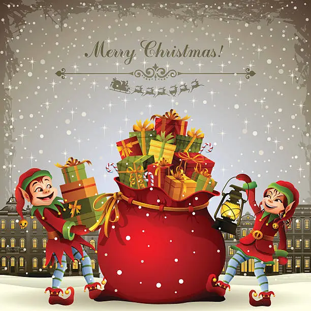 Vector illustration of Christmas Elves with Santa's Bag