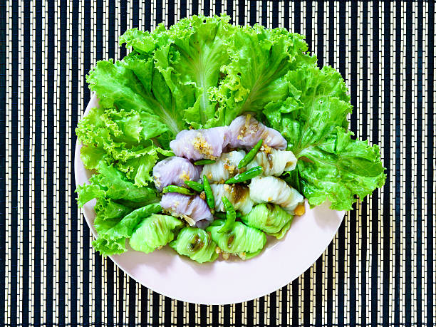 istock Thai dessert Steamed rice skin dumplings, top view 637797974