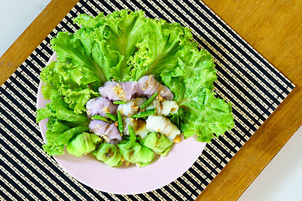 istock Thai dessert Steamed rice skin dumplings, top view 637798188