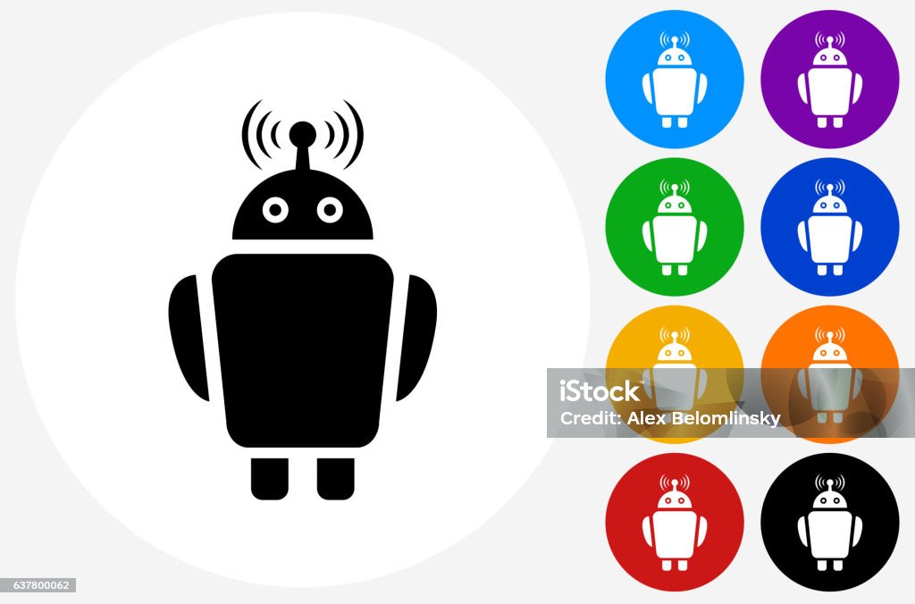 Robot Icon on Flat Color Circle Buttons Robot Icon on Flat Color Circle Buttons. This 100% royalty free vector illustration features the main icon pictured in black inside a white circle. The alternative color options in blue, green, yellow, red, purple, indigo, orange and black are on the right of the icon and are arranged in two vertical columns. Robot stock vector