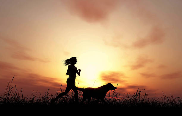istock 3D female and dog jogging at sunset 637805186