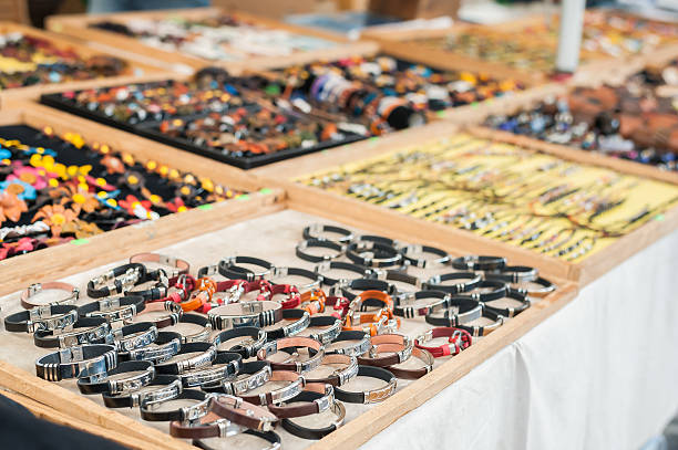 istock Selective focus on leather bracelets. Jewellery display stand. 637807402