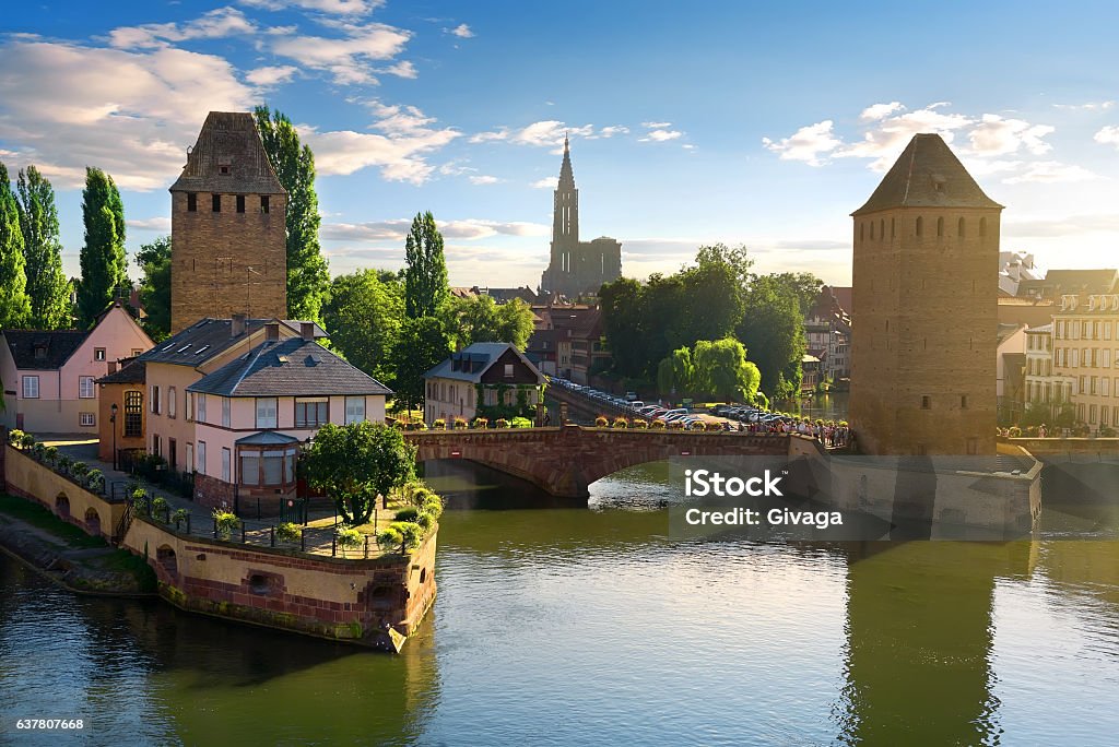 Bridges of Strasbourg Covered bridge Pont Couverts in Strasbourgh in the district Petite France, Alsace Strasbourg Stock Photo