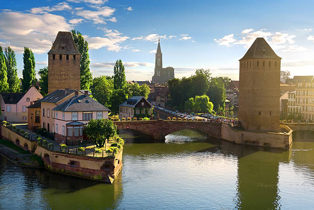 Bridges of Strasbourg Covered bridge Pont Couverts in Strasbourgh in the district Petite France, Alsace rhine river photos stock pictures, royalty-free photos & images