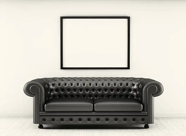 Photo of leather sofa in white room with wood floor. 3d rendering
