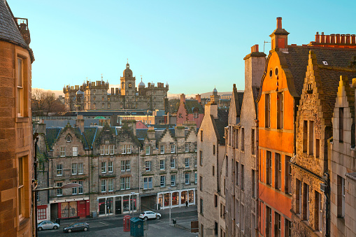 Aerial view of old buildings at the Royal Mile in Edinburgh, Scotland