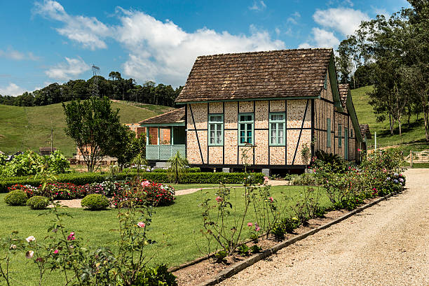 Pomerania, Santa Catarina, Brazil - December 26, 2016: View of the entrance and garden to a half-timbered house in Pomerania city, Santa Catarina state - Brazil