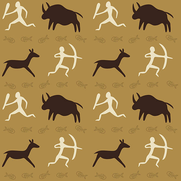 illustrations, cliparts, dessins animés et icônes de motif transparent vectoriel avec thème dessins de grottes - cave painting aborigine ancient caveman