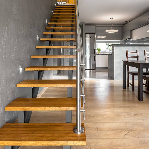istock Wooden stairs in modern villa 637813218