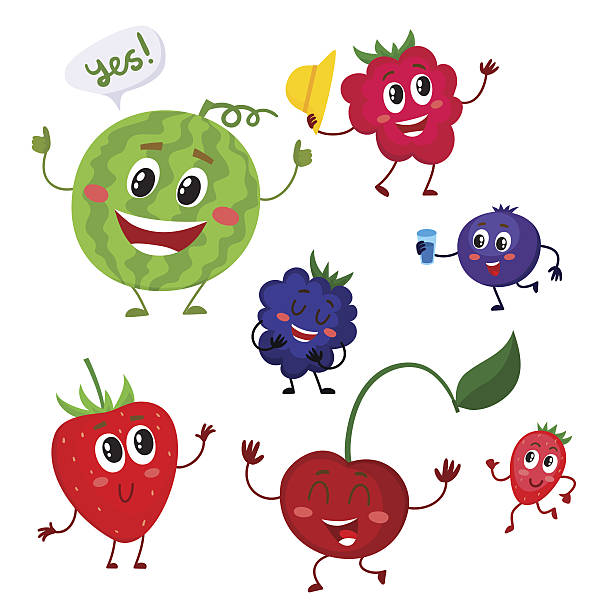 illustrations, cliparts, dessins animés et icônes de ensemble de personnages de baies comiques mignonnes et drôles - raspberry berry fruit fruit backgrounds