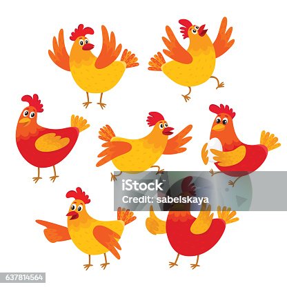 istock Funny cartoon red and orange chicken, hen in various poses 637814564