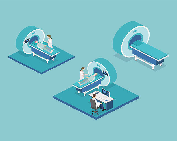 ilustrações, clipart, desenhos animados e ícones de isometric flat 3d conceito vetor hospital hospital ressonância magnética ilustração web. - medical equipment mri scanner mri scan hospital