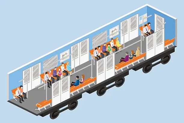 Vector illustration of Isometric flat 3D concept vector interior of metro subway carriage.