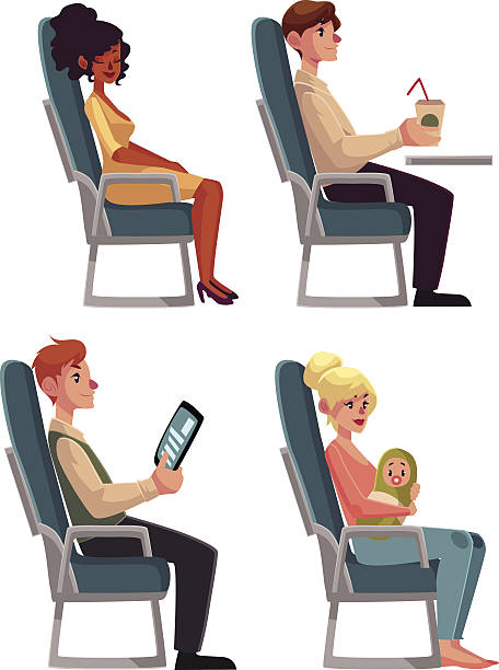 Various passengers, man and women in airplane seats Various passengers, man and women in airplane seats, cartoon vector illustration on white background. Airplane seats occupied by men, drinking and reading, and women, sleeping and lulling a baby airplane seat stock illustrations