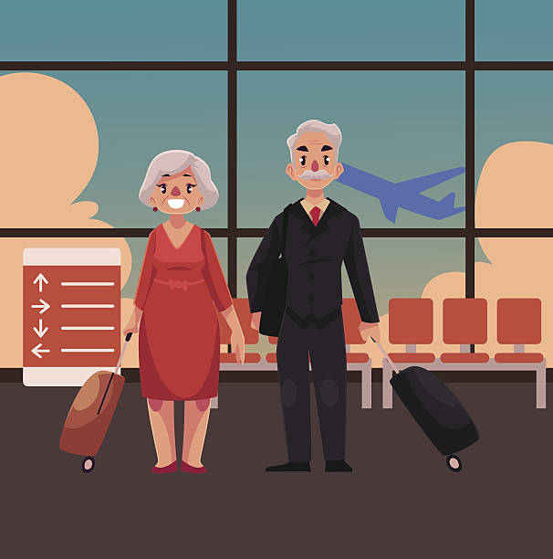 ilustraciones, imágenes clip art, dibujos animados e iconos de stock de vieja pareja de hombre y mujer con maletas en el aeropuerto - senior couple isolated white background standing