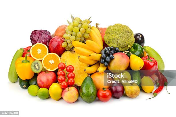 Fruit And Vegetable On White Background Stock Photo - Download Image Now - Fruit, Apple - Fruit, Avocado