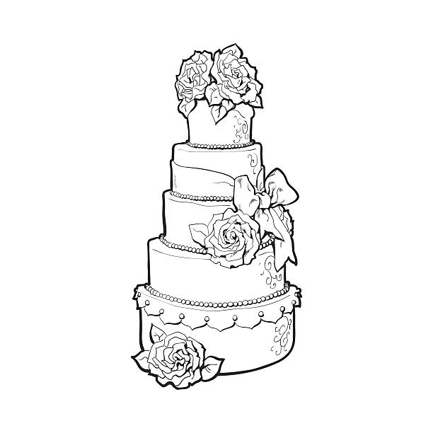 tradycyjny biały tort weselny ozdobiony różami marcepanowymi - tort weselny stock illustrations