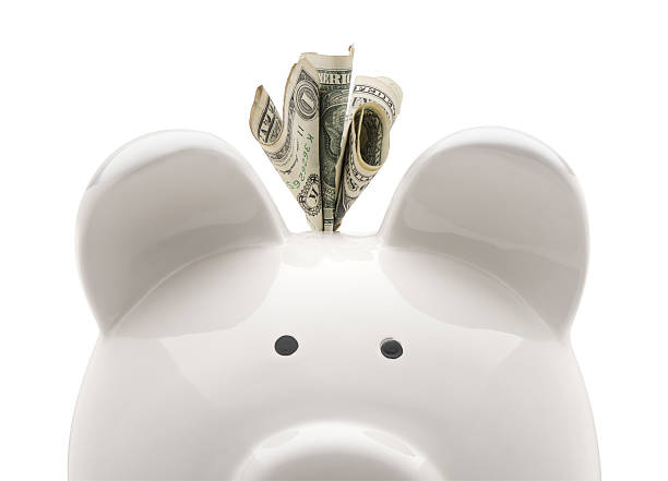 Close-up piggy bank Close-up white piggy bank and US dollars. Isolated on white background piggy bank finance currency savings stock pictures, royalty-free photos & images