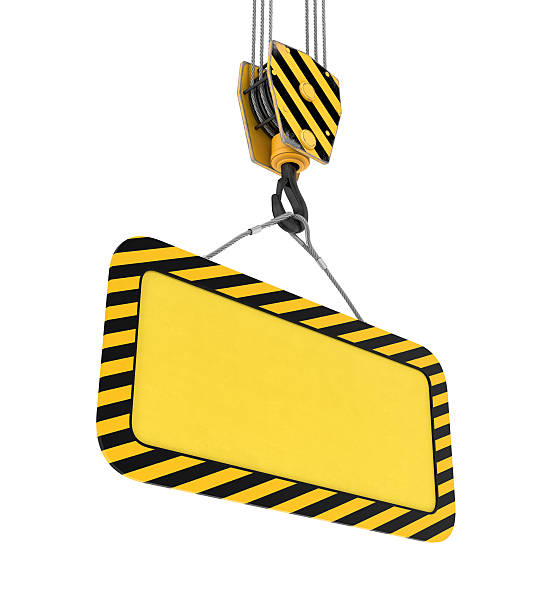 rendering of yellow board hanging on hook with two ropes - pulley hook crane construction imagens e fotografias de stock