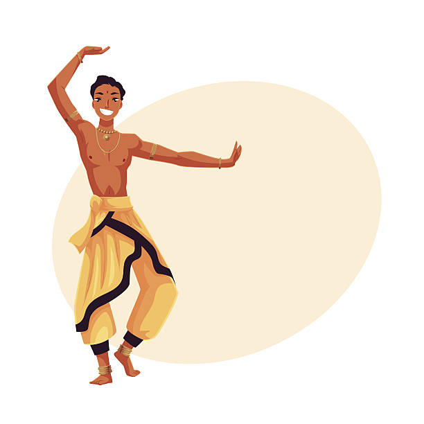 Indian male dancer in traditional harem pants, Bollywood performer Indian male dancer in traditional harem pants, cartoon vector illustration on background with place for text. Traditional Indian male dancer wearing baggy pants and ankle brecelets, Bollywood performer bharatanatyam dancing stock illustrations