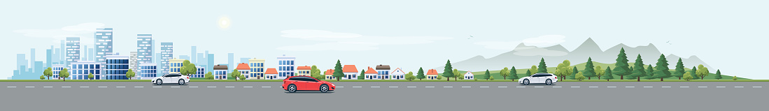 Flat vector cartoon style illustration of urban landscape street with cars, skyline city office buildings, family houses in small town and mountain with green trees in backround. Traffic on the road.