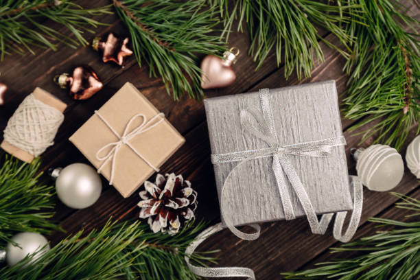istock Gifts with bow and Christmas decorations 637824802