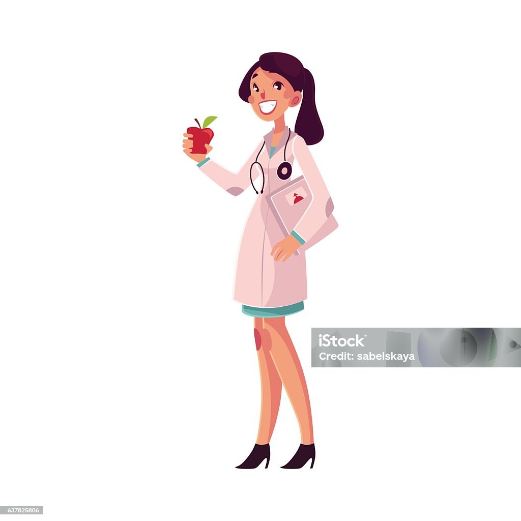 Glad, smiling female dietitian holding weighting scales and apple Glad, smiling female dietitian holding weigh scales and apple, cartoon vector illustration isolated on white background. Female dietician, nutrition, dieting expert, health care professional Nutritionist stock vector