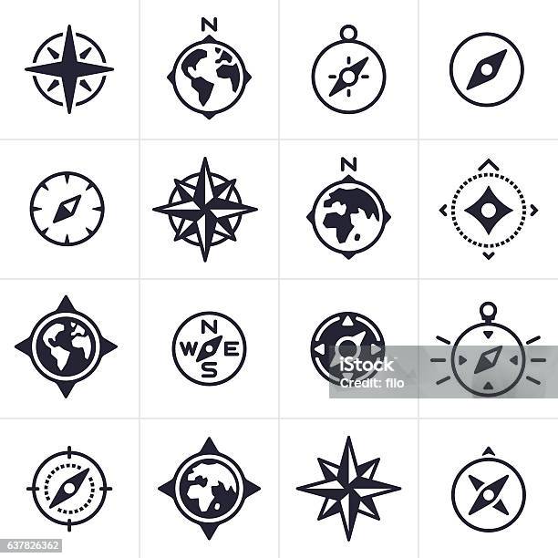 Compass And Map Navigation Icons And Symbols Stock Illustration - Download Image Now - Navigational Compass, Icon Symbol, Compass Rose