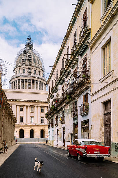 ハバナの赤いアメリカ人 - cuba car chevrolet havana ストックフォトと画像