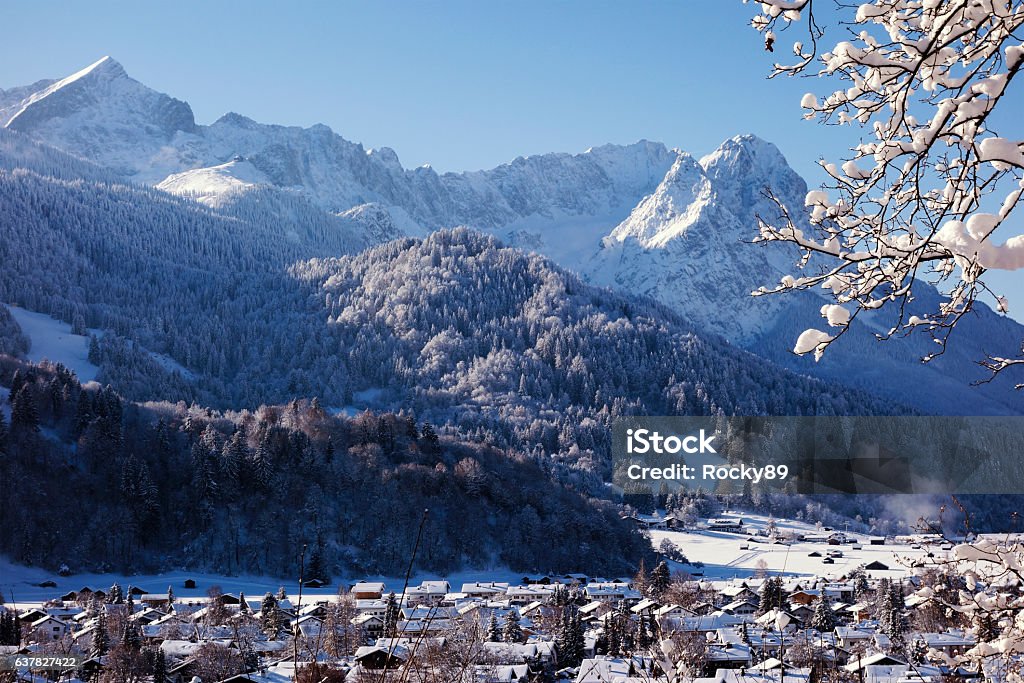 Garmisch-Partenkirchen, Germany Wonderful panorama of Garmisch-Partenkirchen and the German Alps Zugspitze Mountain Stock Photo