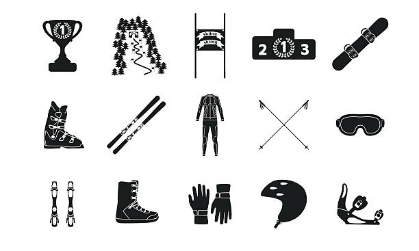 Alpine downhill slalom Alpine downhill slalom. Silhouette icon set of equipment, wear and shoes. Vector illustration. snowboard stock illustrations