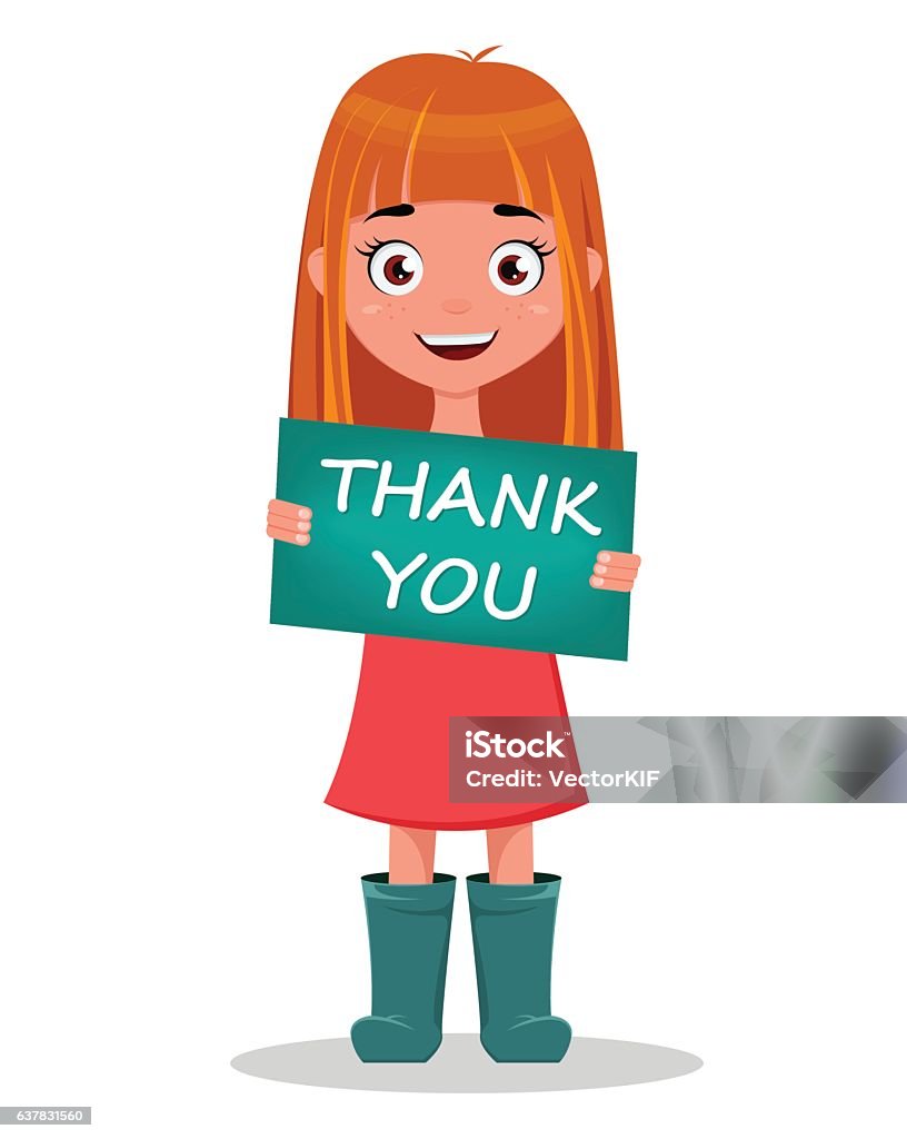 Cute Funny Smiling Cartoon Girl Holding Sign Thank You Stock Illustration -  Download Image Now - iStock