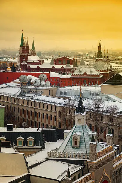 View of Moscow towards the Kremlin at sunset, the view of the rooftops from the top