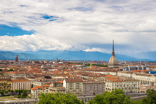 Cityscape of Torino (Turin, Italy) from above with dramatic sky