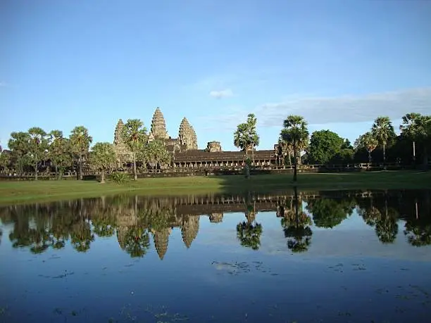 29/11/2016 - Siem Reap, Cambodia, Sunset at Angkor Wat Temple, Reflections clear water & blue sky