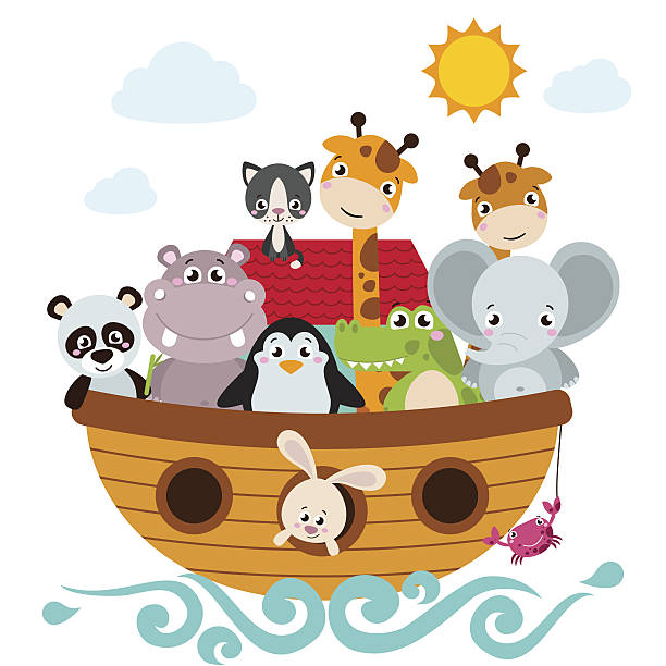 ilustrações, clipart, desenhos animados e ícones de ilustração de estilo infantil da arca de noé no oceano - ark animal elephant noah