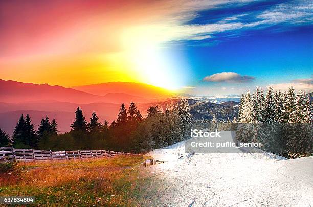 Schöne Landschaft In Vier Jahreszeiten Stockfoto und mehr Bilder von Winter - Winter, Sommer, Vier Jahreszeiten