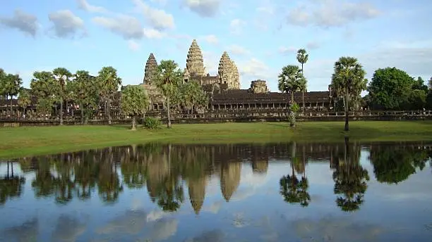 29/11/2016 - Siem Reap, Cambodia, Sunset at Angkor Wat Temple, blue sky & reflection on the water