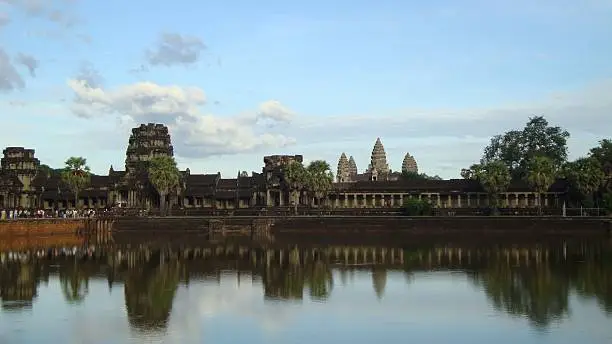 29/11/2016 - Siem Reap, Cambodia, Sunset at Angkor Wat Temple and Clear blue skies with water reflection