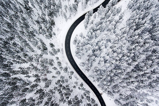 istock Road through the wintery forest - aerial view 637840982